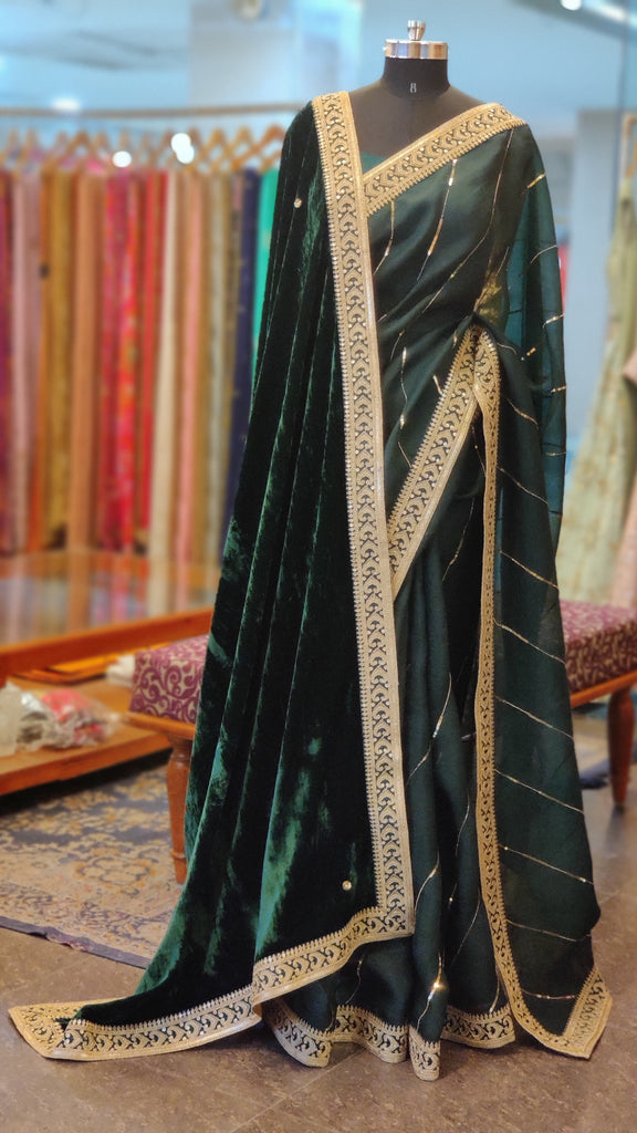 Bottle Green Sitara Leheriya Saree & Shawl Set