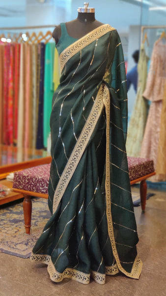 Bottle Green Sitara Leheriya Saree & Shawl Set