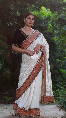 White velvet Sequins with Pure Crepe Half & Half Saree