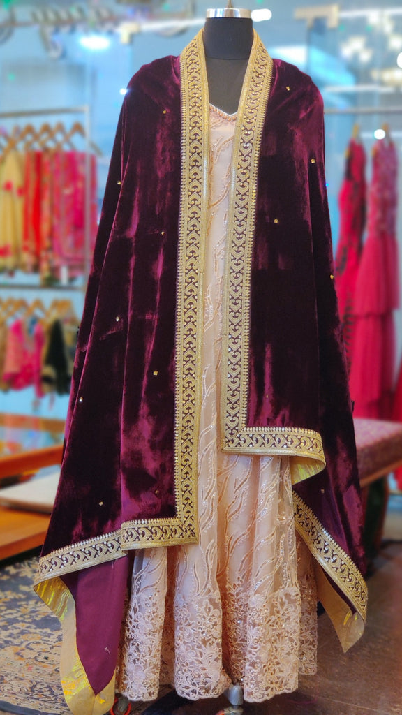 Sitara Booti - Wine Velvet Shawl