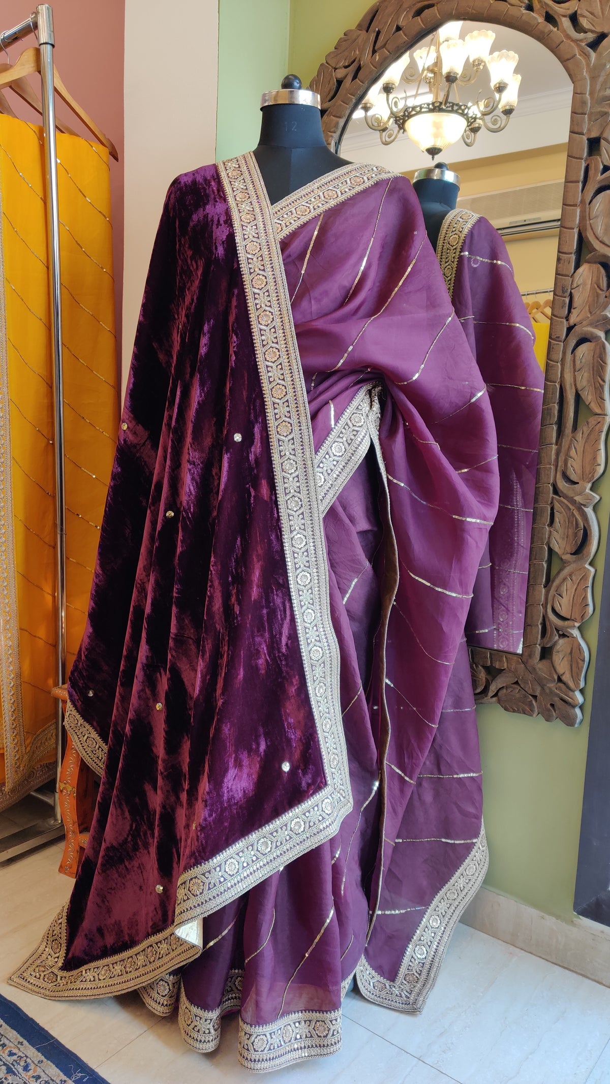 Wine Sitara Leheriya Saree & Shawl Set