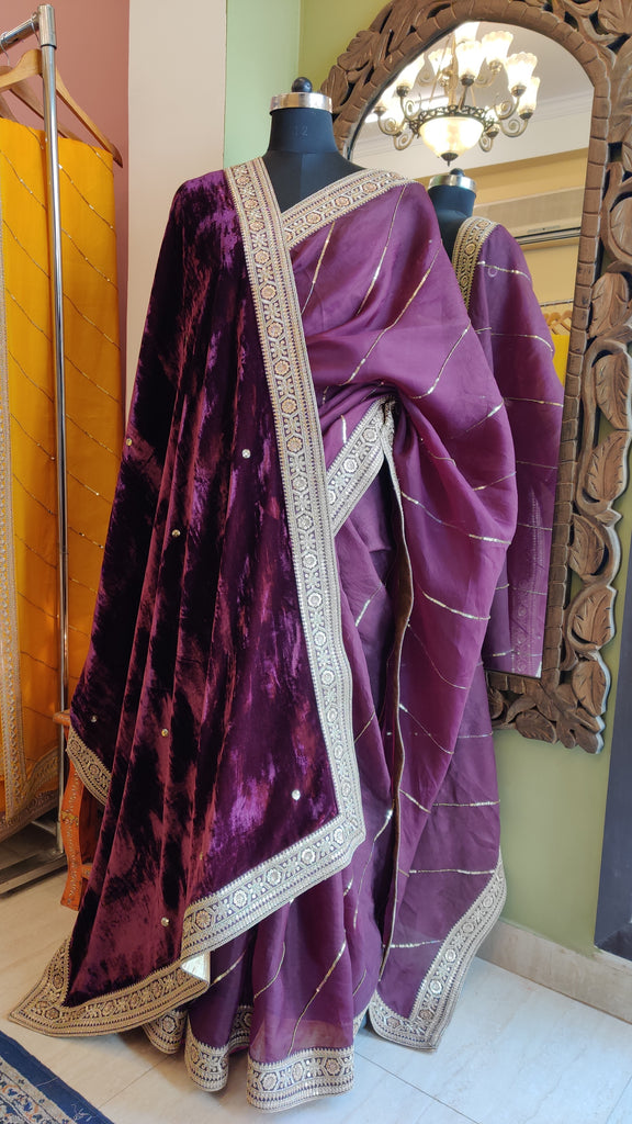 Wine Sitara Leheriya Saree & Shawl Set
