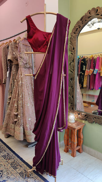 Wine Shikargah Jacket Saree Set