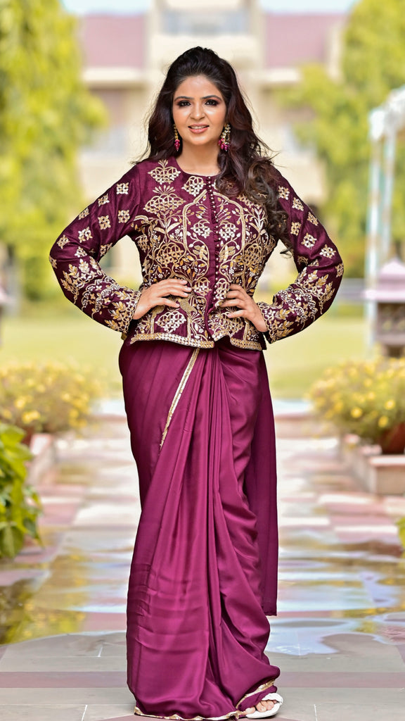 Wine Shikargah Jacket Saree Set