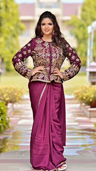 Wine Shikargah Jacket Saree Set