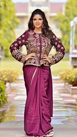 Wine Shikargah Jacket Saree Set