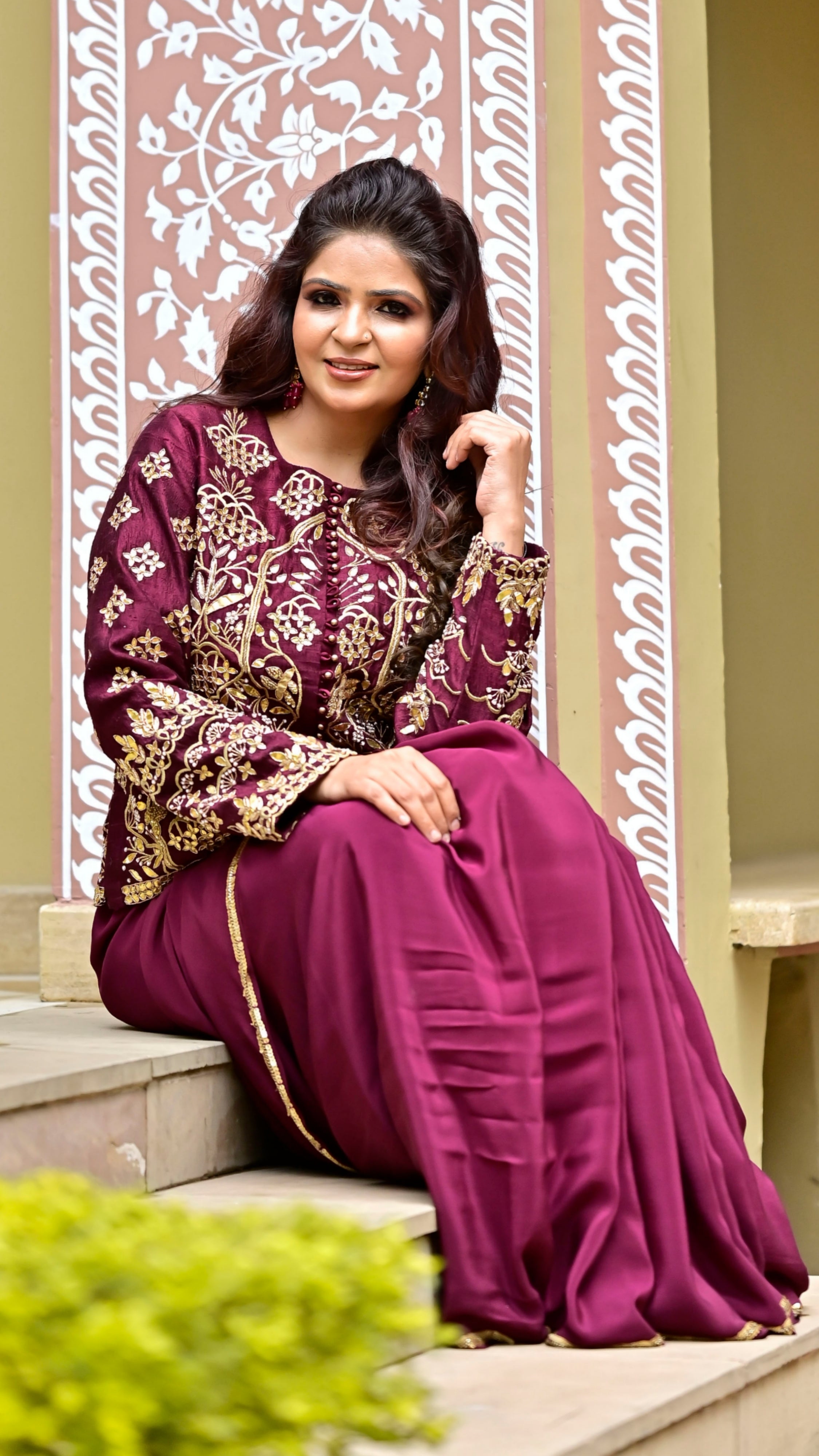 Wine Shikargah Jacket Saree Set