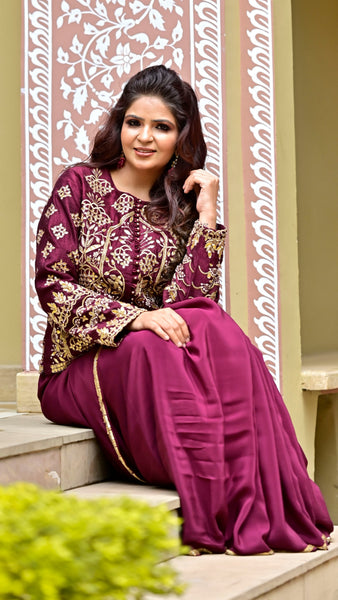 Wine Shikargah Jacket Saree Set