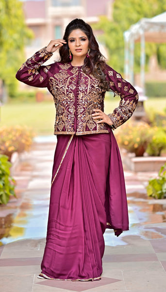 Wine Shikargah Jacket Saree Set