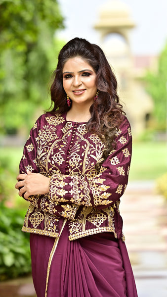 Wine Shikargah Jacket Saree Set