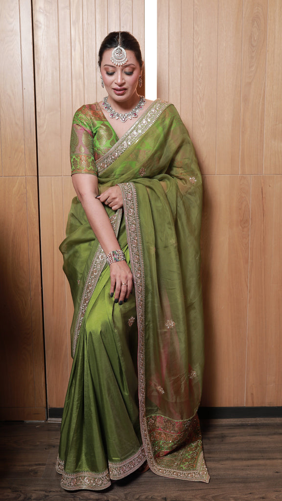 Banarasi Pallu Olive Green Sari