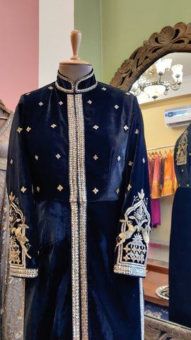 Shikargah Deer Motif - Ankle Length Velvet Jacket