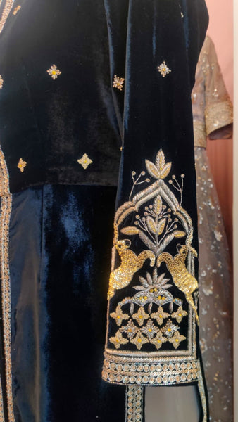 Shikargah Deer Motif - Ankle Length Velvet Jacket