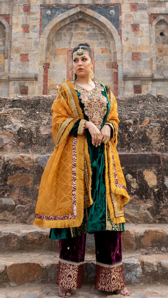 Persian Yoke -  Green Silk Velvet Suit