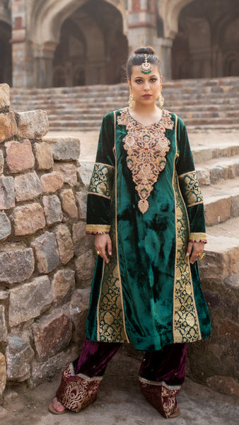 Persian Yoke -  Green Silk Velvet Suit