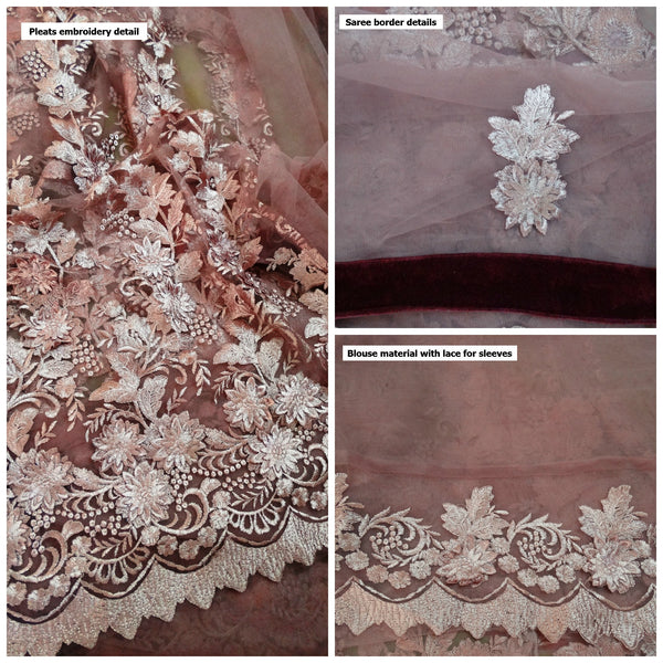 Lace and Net light Wine Saree - very heavy silk embroidery on pleats
