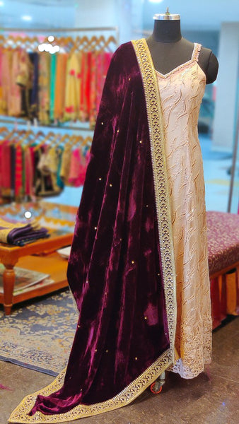 Sitara Booti - Wine Velvet Shawl