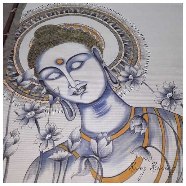 Handpainted Buddha White Saree