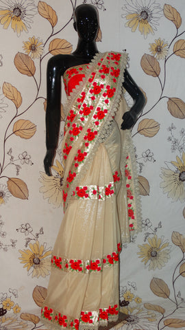 Rang Riwaaz Pure Georgette pale Golden Shimmer Saree - Embroidered Roses and Sequins with lace border RangRiwaaz