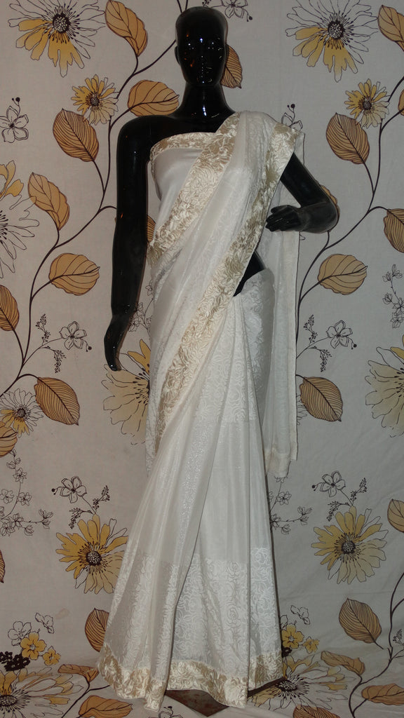 Rang Riwaaz Pure Crepe Silk and Shimmer White Saree - White Parsi embroidery Rose border RangRiwaaz 