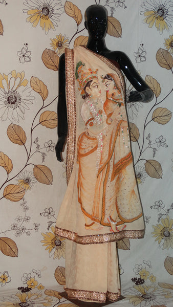 Pure Crepe Beige with Self Saree - Hand painted Monotone Radha-Krishna on pallu