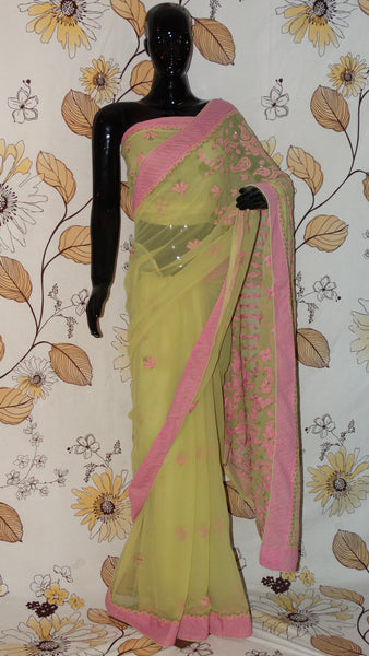 Rang Riwaaz Chikankari Pear Green and Pink Georgette Saree - Cotton thread chikan with patch border RangRiwaaz 