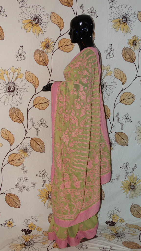 Chikankari Pear Green and Pink Georgette Saree - Cotton thread chikan with patch border