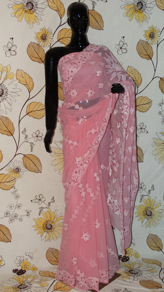 Rang Riwaaz Chikankari Pink Georgette Saree - Cotton thread chikan with all over chhadi and heavy pallu RangRiwaaz 