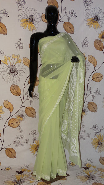 Rang Riwaaz Chikankari Lemon Green Georgette Saree - Silk thread Chikan with light border and pallu RangRiwaaz 