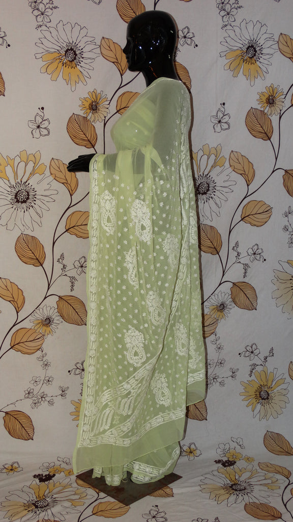 Chikankari Lemon Green Georgette Saree - Silk thread Chikan with light border and pallu