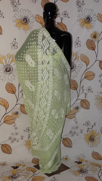 Chikankari Lemon Green Georgette Saree - Silk thread Chikan with light border and pallu