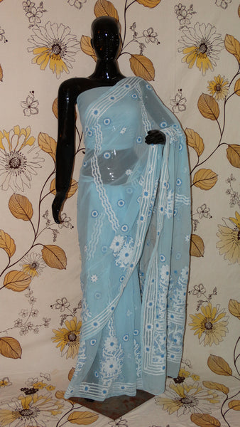 Rang Riwaaz Chikankari Sky Blue Georgette Saree - Cotton thread chikan with heavy border and pallu RangRiwaaz 
