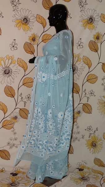 Chikankari Sky-Blue Georgette Saree - Cotton thread chikan with heavy border and pallu