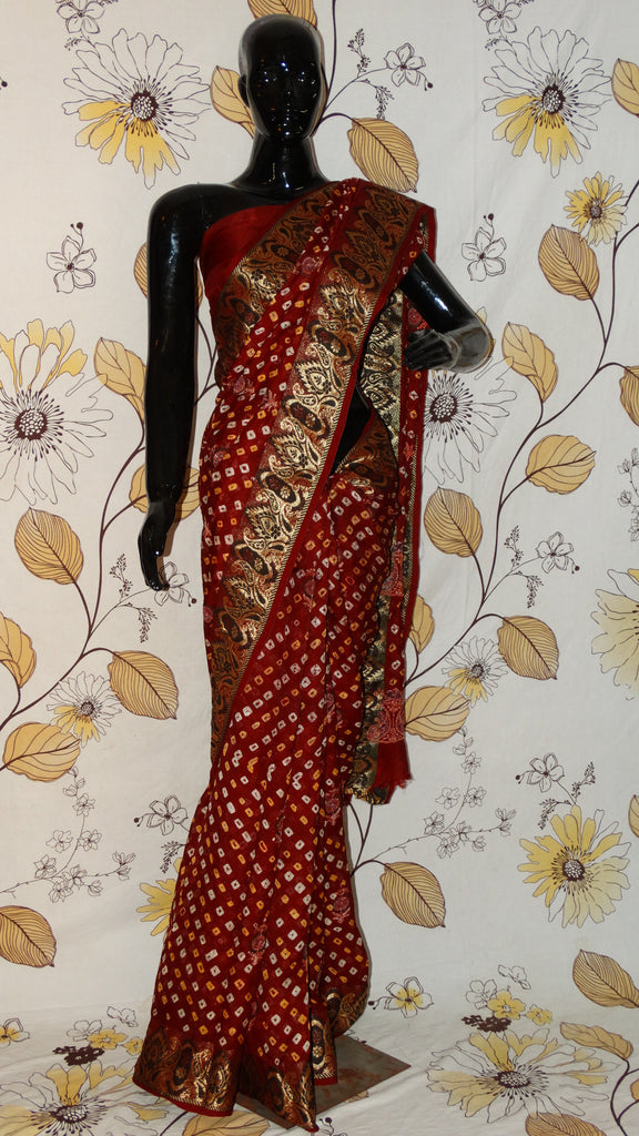Rang Riwaaz Gajji Silk Maroon Saree - Bandhani with Zari and Silk weave border and all over embroidery  RangRiwaaz 
