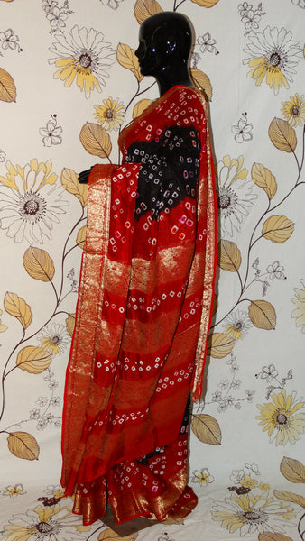 Handloom Silk Black and Red Saree - Bandhani with Zari weave border