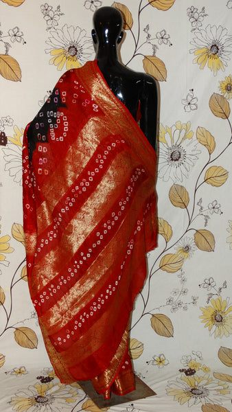 Handloom Silk Black and Red Saree - Bandhani with Zari weave border