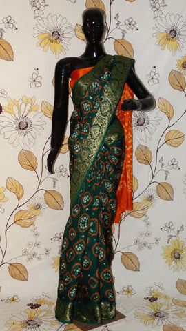 Rang Riwaaz Gajji Silk Green and Orange Saree - Bandhani with Zari and Silk weave border RangRiwaaz 