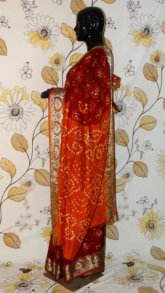Gajji Silk Maroon and Rust Saree - Bandhani with Zari and Silk weave border