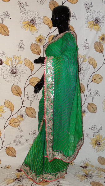 Pure Crepe Multi-coloured Lehariya Green Saree - Gota patti and Magazi border