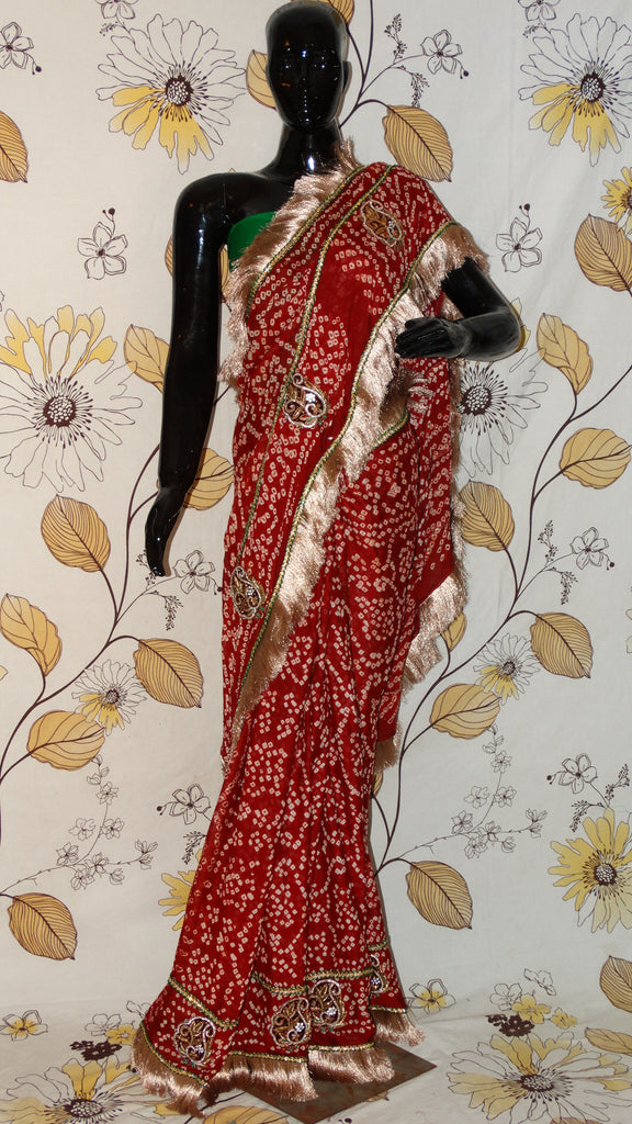 Rang Riwaaz Pure Crepe Maroon Bandhej Saaree - Fine bandhej with dabka motifs and antique golden zari kinari RangRiwaaz 