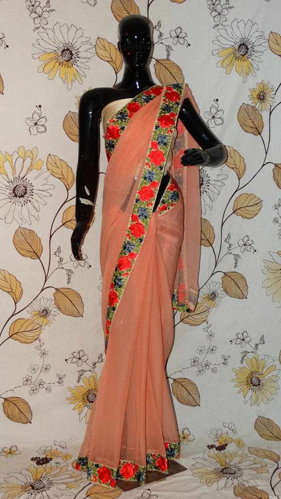 Rang Riwaaz Pure Chiffon Peach Saree - Colourful Roses Parsi embroidery Border RangRiwaaz 