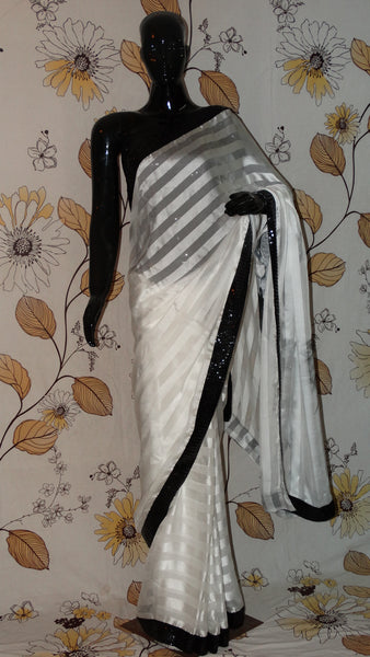 Pure Georgette with Satin Stripes White Saree - Hand painted Black Ballerina on pallu