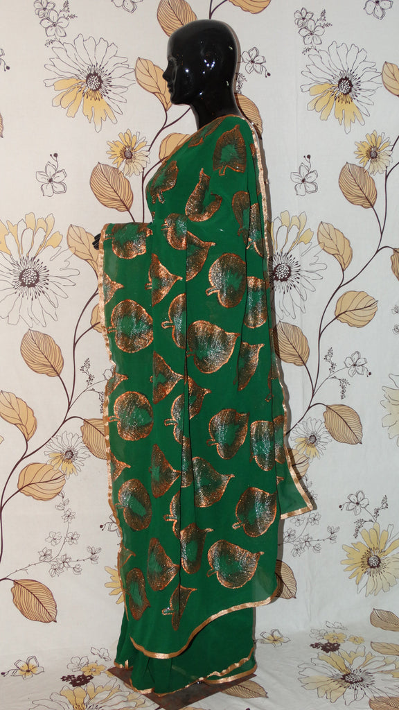 Rang Riwaaz Pure Crepe Bottle Green Saree - Hand painted Copper leaves in half and half pattern RangRiwaaz 