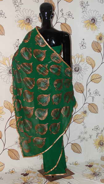Pure Crepe Bottle Green Saree - Hand painted Copper leaves in half and half pattern