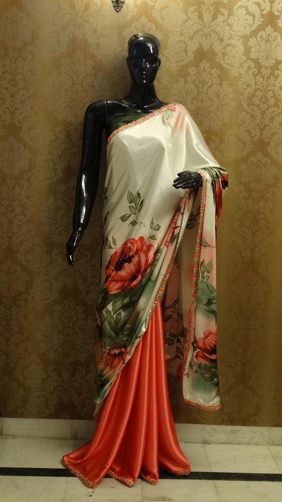 Rose Print with Coral & Green - Satin Peach