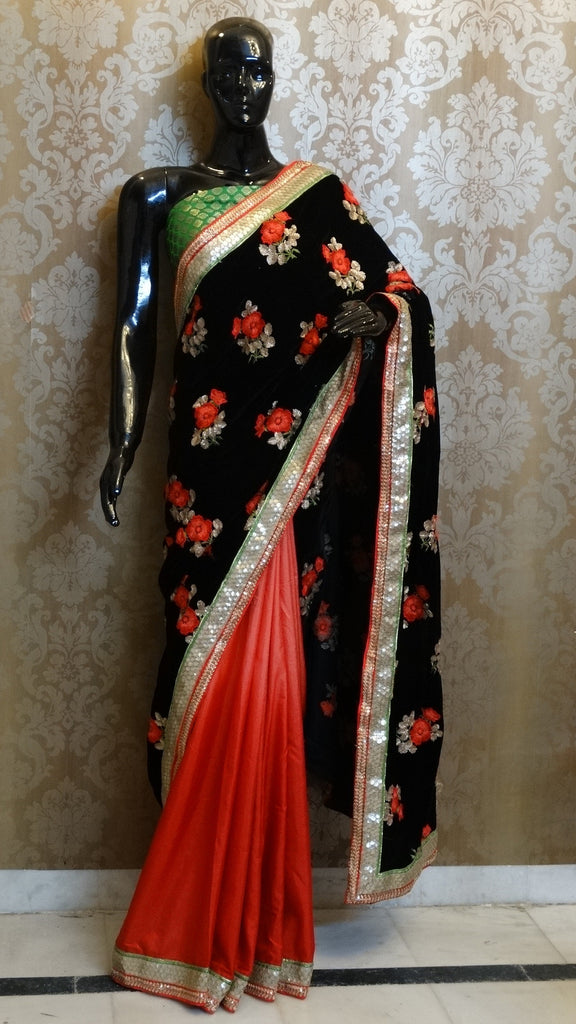 Black Velvel Floral Embroidery with Red Pure Silk Half & Half Saree