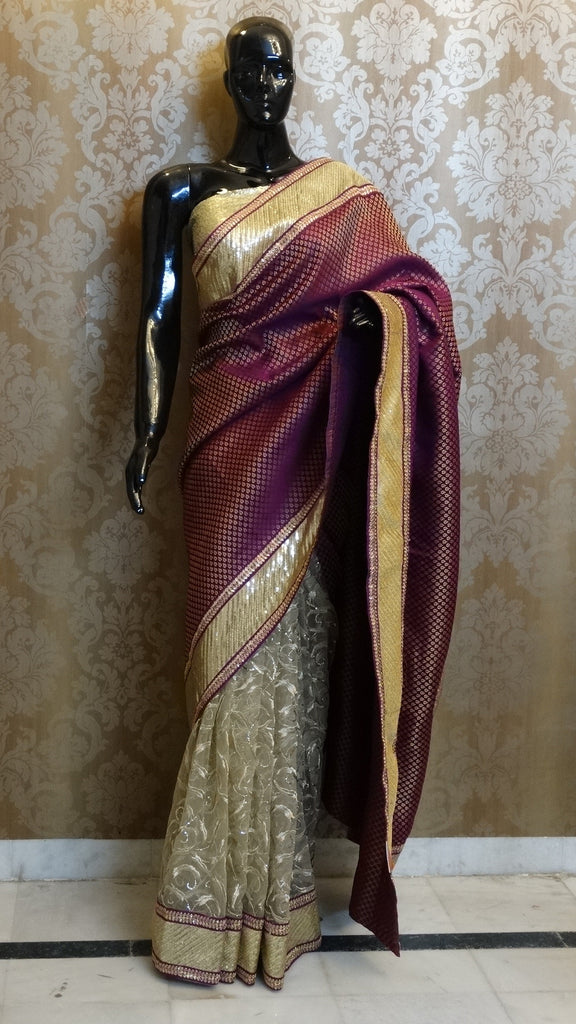 Purple Brocade with Golden Embroidered Net Saree