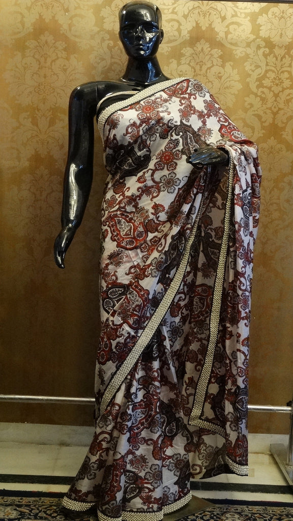 Pure Silk Printed Saree - White with classic pattern print