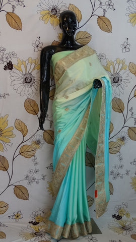 Pure Satin Saree in Pastel shades of blue and green with Kasab Border