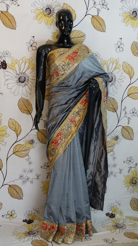 Pure Silk Grey Saree with Pashmina Zari Embroidery Border
